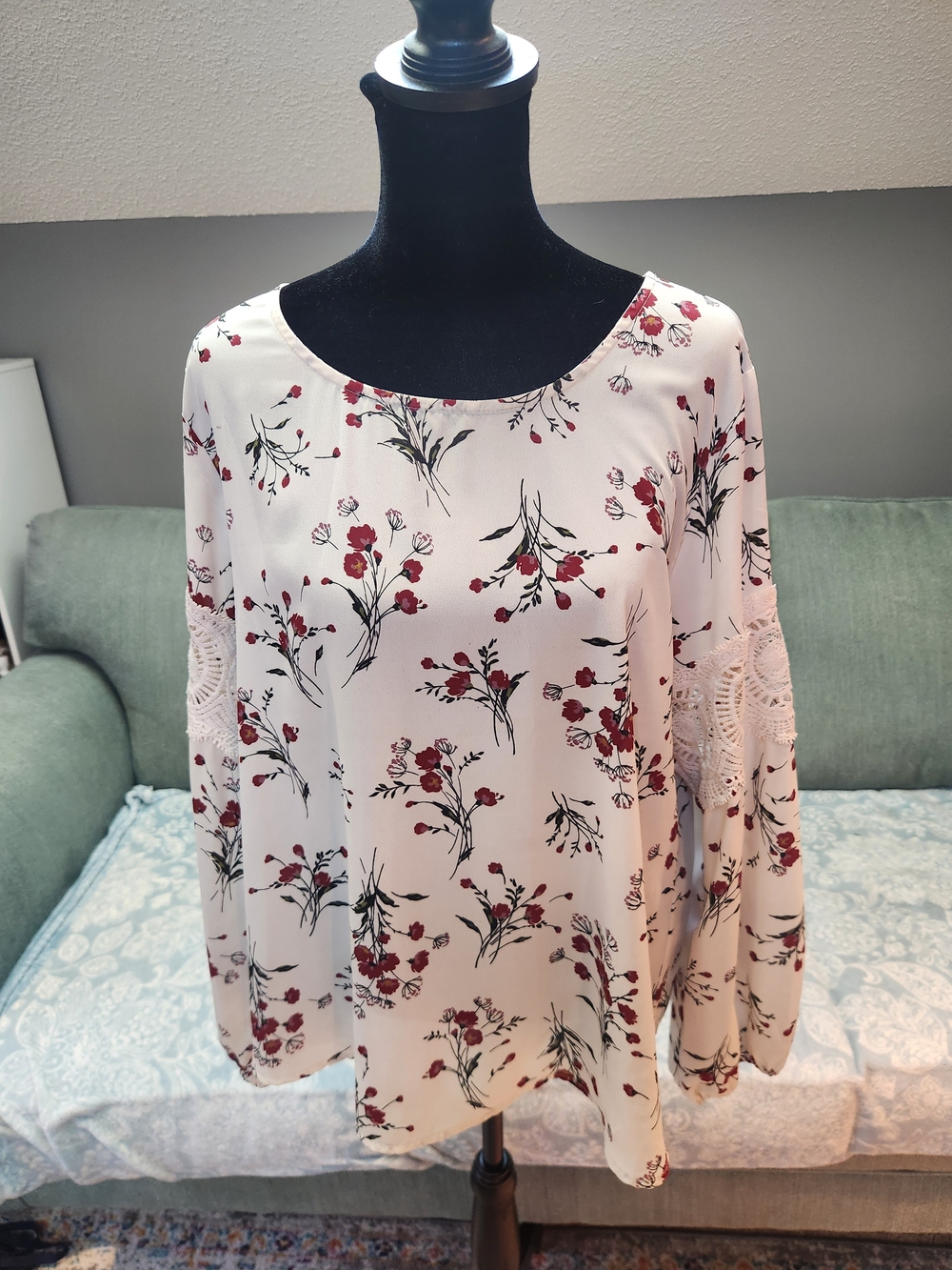 Allison Joy Cream Blouse with Red Floral Print and Crochet Sleeves Large Good!